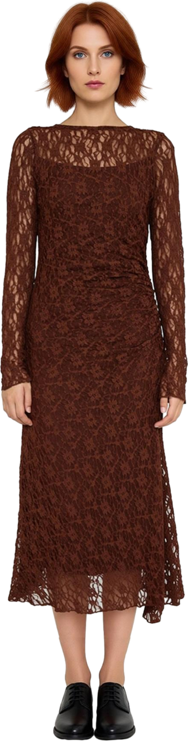 Kadınlar İçin Uzun Kollu Bodycon Midi Dantel Elbise Kayık Yaka Sırt Dekolteli Parti Şıklığı