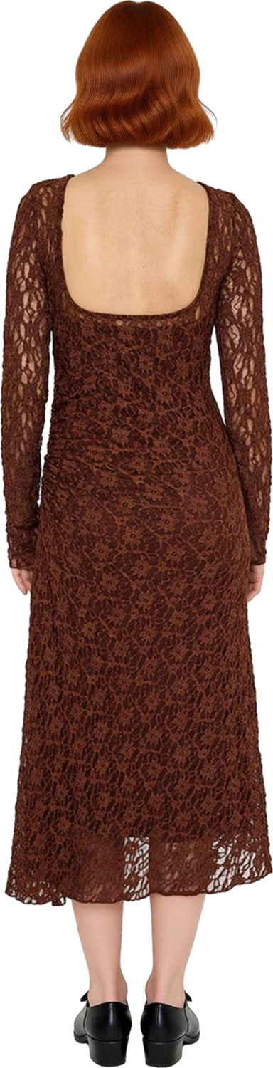 Kadınlar İçin Uzun Kollu Bodycon Midi Dantel Elbise Kayık Yaka Sırt Dekolteli Parti Şıklığı