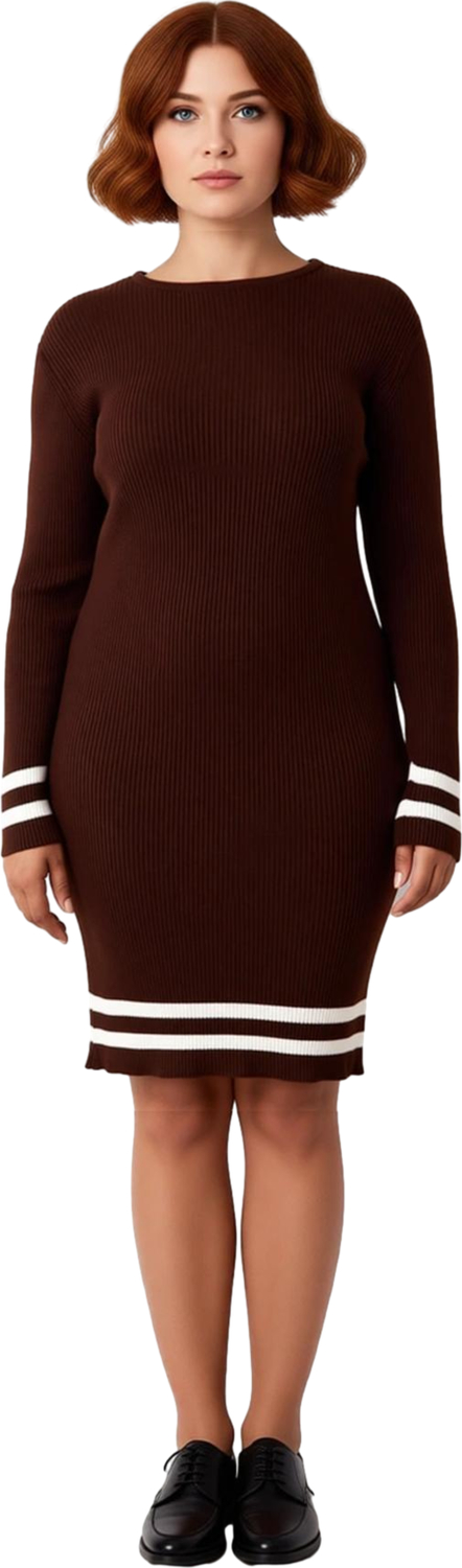 Kadın Bodycon Fitilli Triko Kazak Elbise Bisiklet Yaka Uzun Kol Çizgili Detaylar ile Şık Görünüm