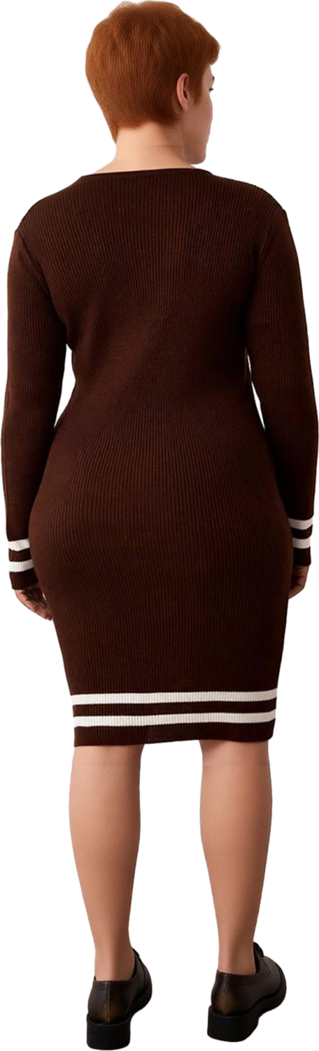 Kadın Bodycon Fitilli Triko Kazak Elbise Bisiklet Yaka Uzun Kol Çizgili Detaylar ile Şık Görünüm