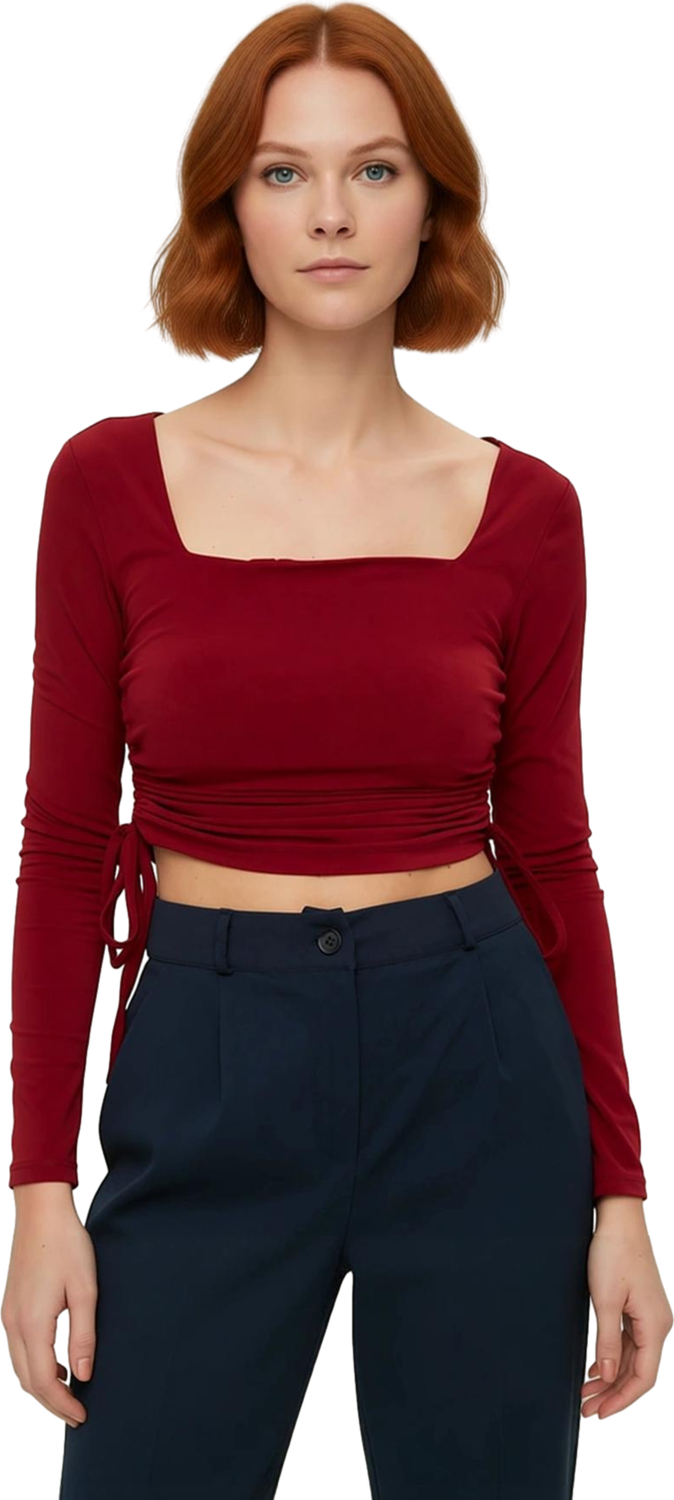 Kadın Fitted Kare Yaka Büzgülü Uzun Kollu Crop Esnek Örme Bluz Kaliteli Şık Rahat Modern Zarif