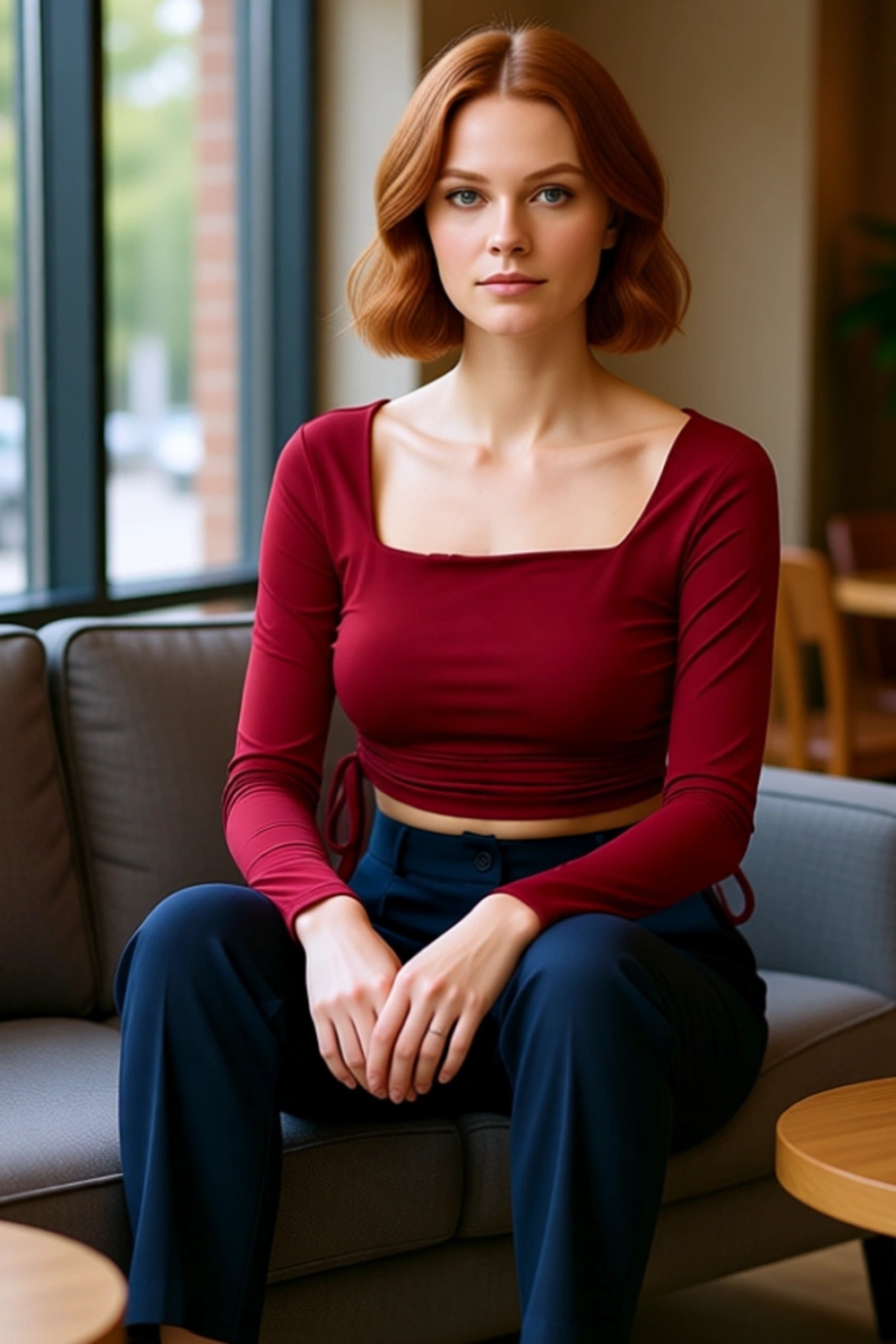 Kadın Fitted Kare Yaka Büzgülü Uzun Kollu Crop Esnek Örme Bluz Kaliteli Şık Rahat Modern Zarif