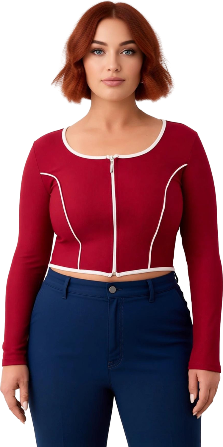 Kadın Vücuda Oturan Fermuarlı Bluz Esnek Örme Kumaş Crop Kesim Kontrast Detaylı Uzun Kol Kaliteli