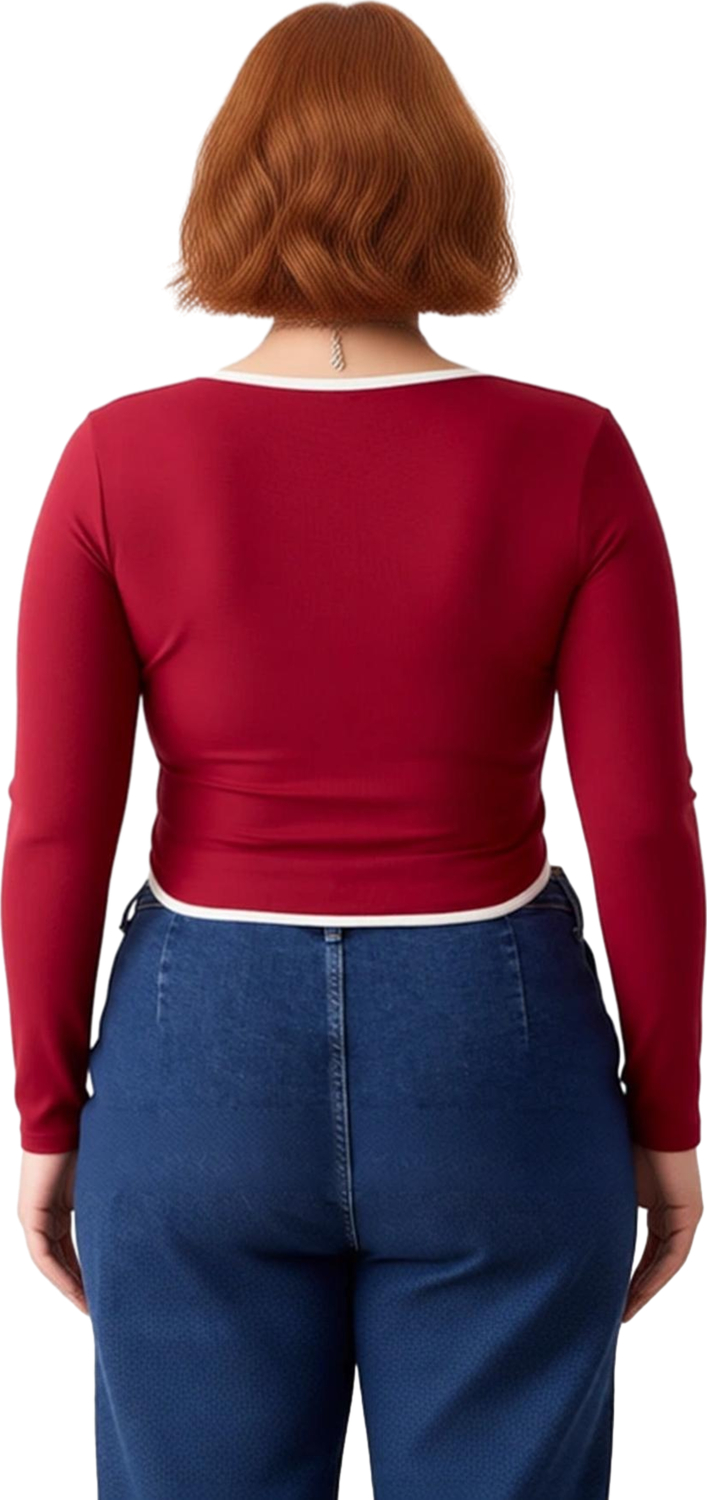 Kadın Vücuda Oturan Fermuarlı Bluz Esnek Örme Kumaş Crop Kesim Kontrast Detaylı Uzun Kol Kaliteli