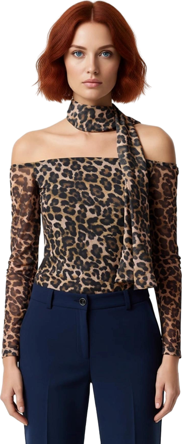 Stil Kadın Fularlı Animal Baskılı Tül Fitted Vücuda Oturan Esnek Bluz Regular Slim Kalıp Düşük Kol