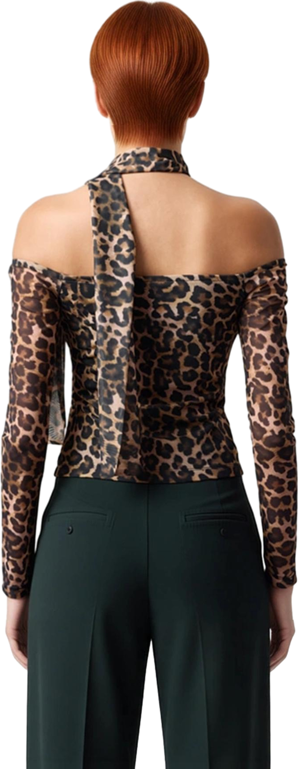 Stil Kadın Fularlı Animal Baskılı Tül Fitted Vücuda Oturan Esnek Bluz Regular Slim Kalıp Düşük Kol