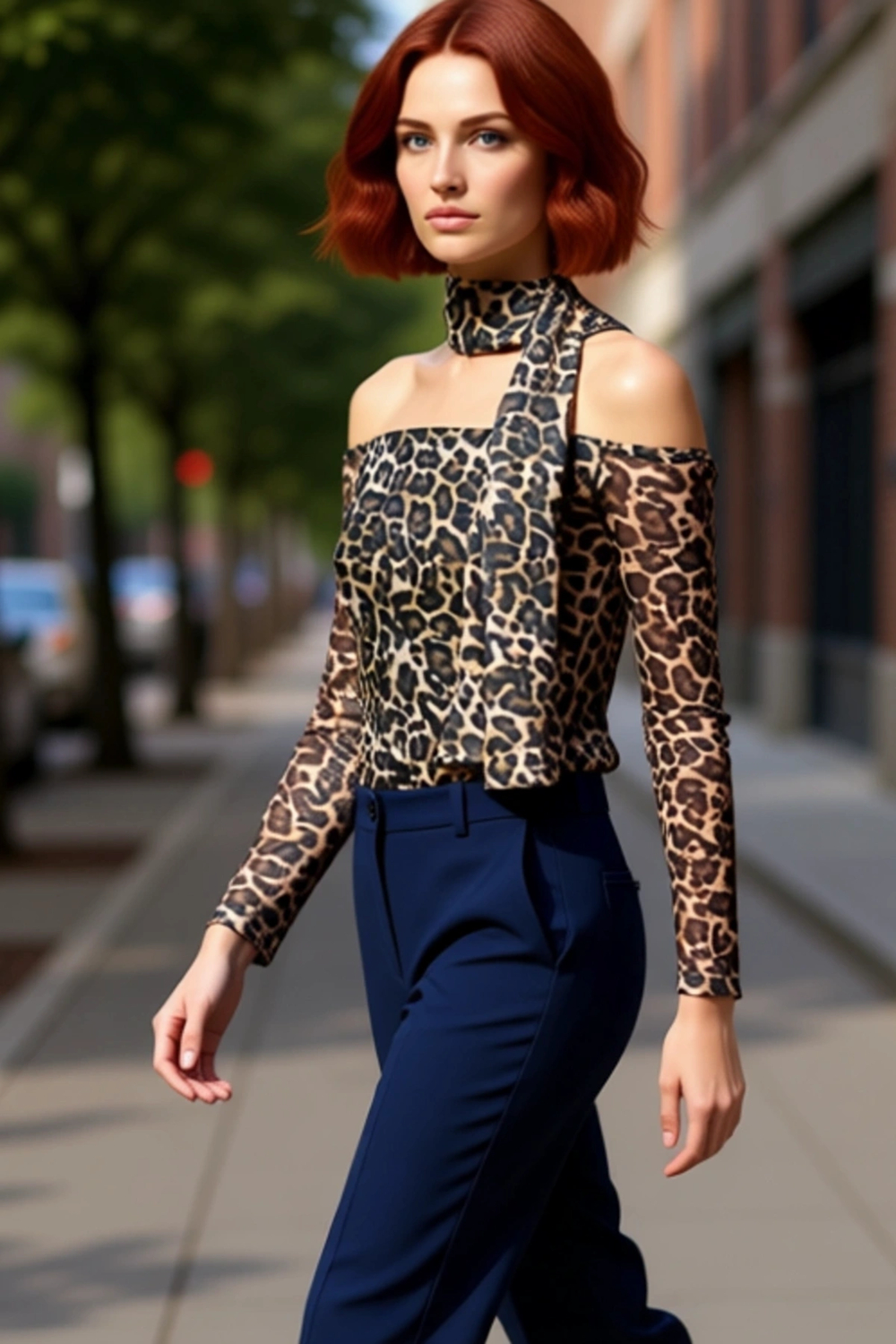Stil Kadın Fularlı Animal Baskılı Tül Fitted Vücuda Oturan Esnek Bluz Regular Slim Kalıp Düşük Kol
