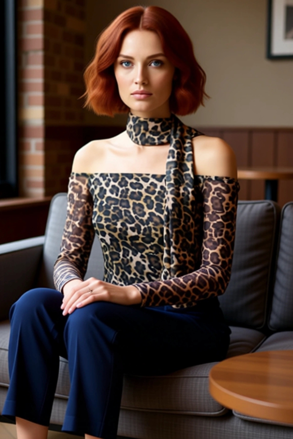 Stil Kadın Fularlı Animal Baskılı Tül Fitted Vücuda Oturan Esnek Bluz Regular Slim Kalıp Düşük Kol
