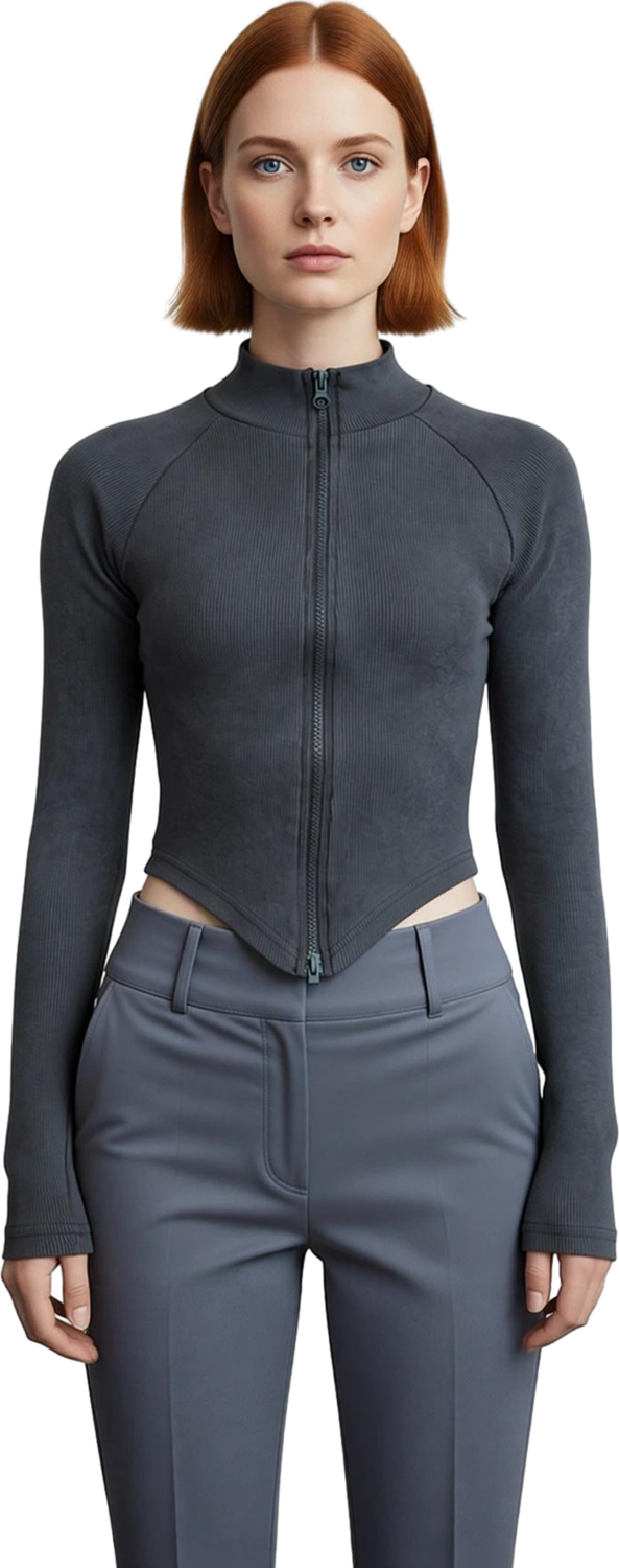 Stil Kadın Yıkamalı Fermuarlı Fitted Vücuda Oturan Fitilli Esnek Bluz Regular Örme Slim Kalıp