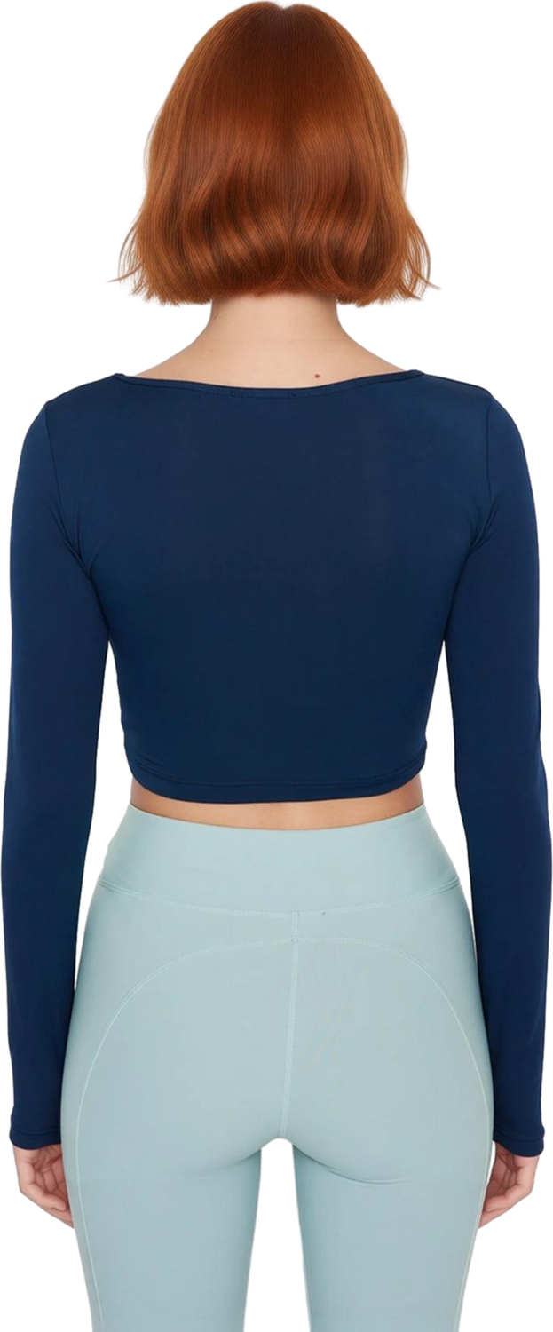 Moda Bisiklet Yaka Örme Fit Düz Desen Sportswear Crop Uzun Kol Bluz
