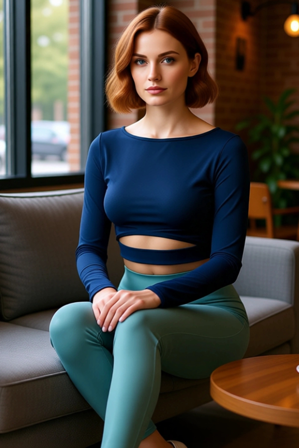 Moda Bisiklet Yaka Örme Fit Düz Desen Sportswear Crop Uzun Kol Bluz