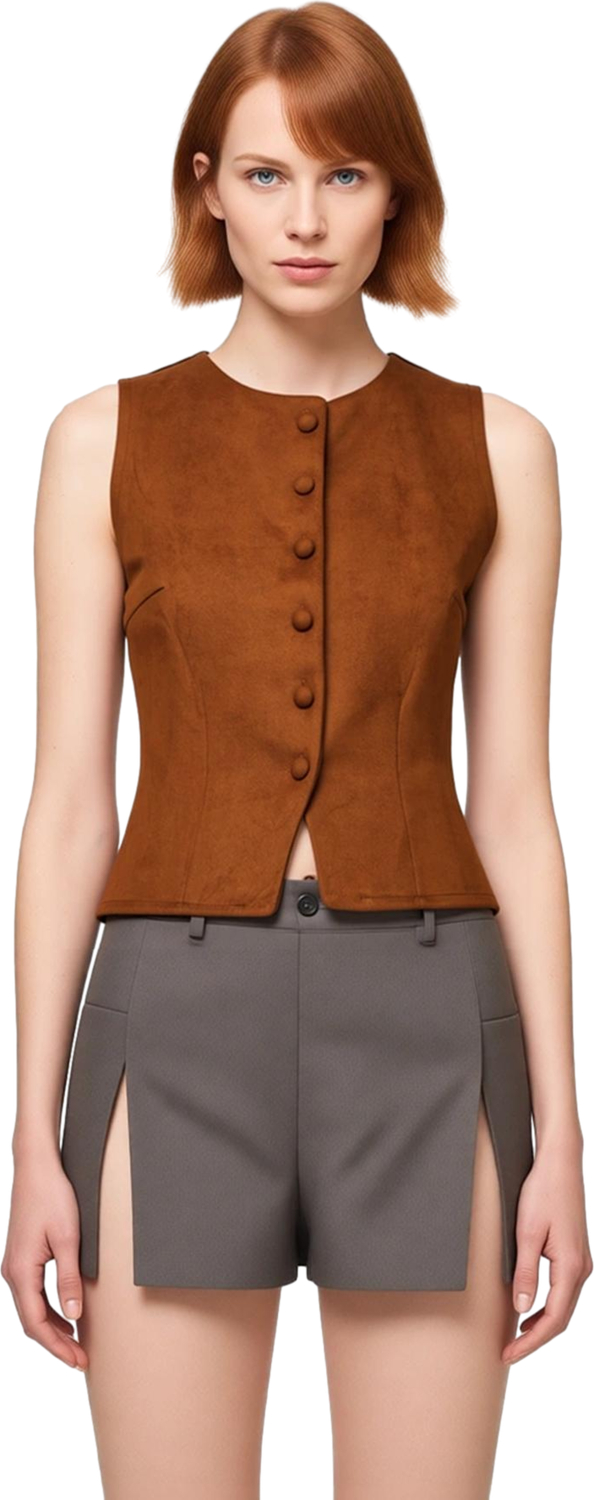 Kadınlar İçin Slim Fit Düğmeli Bisiklet Yaka Örme Süet Yelek Kaliteli Şık Rahat Modern Zarif