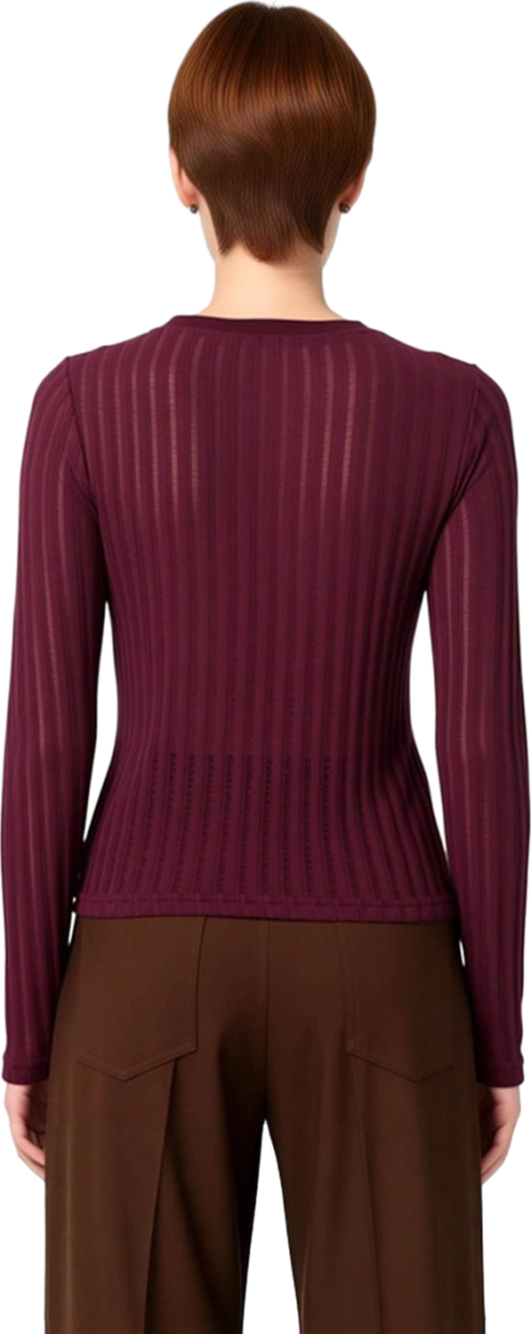 Kadın Uzun Kollu Bordo Triko Görünümlü Bluz Fitted Kalıp Bisiklet Yaka Örme Kumaş Cool Ve Comfort