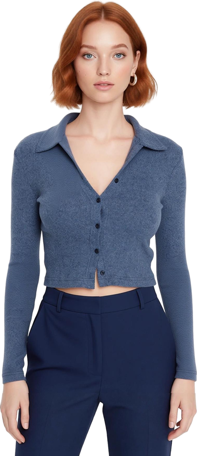 Kadın Esnek Örme Bluz Vücuda Oturan Crop Boy Gömlek Yaka Uzun Kollu Düğmeli Casual Günlük Kışlık