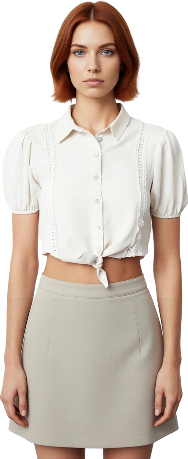 Kadın Yazlık Bej Dokuma Bluz Gömlek Yaka Crop Kesim Regular Kalıp Keten Görünümlü Beachwear Konforu