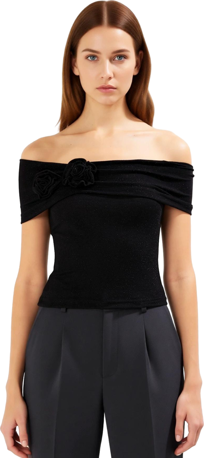 Kadın Off Shoulder Örme Bluz Gül Süslemeli Kaliteli Şık Rahat Modern Zarif Günlük