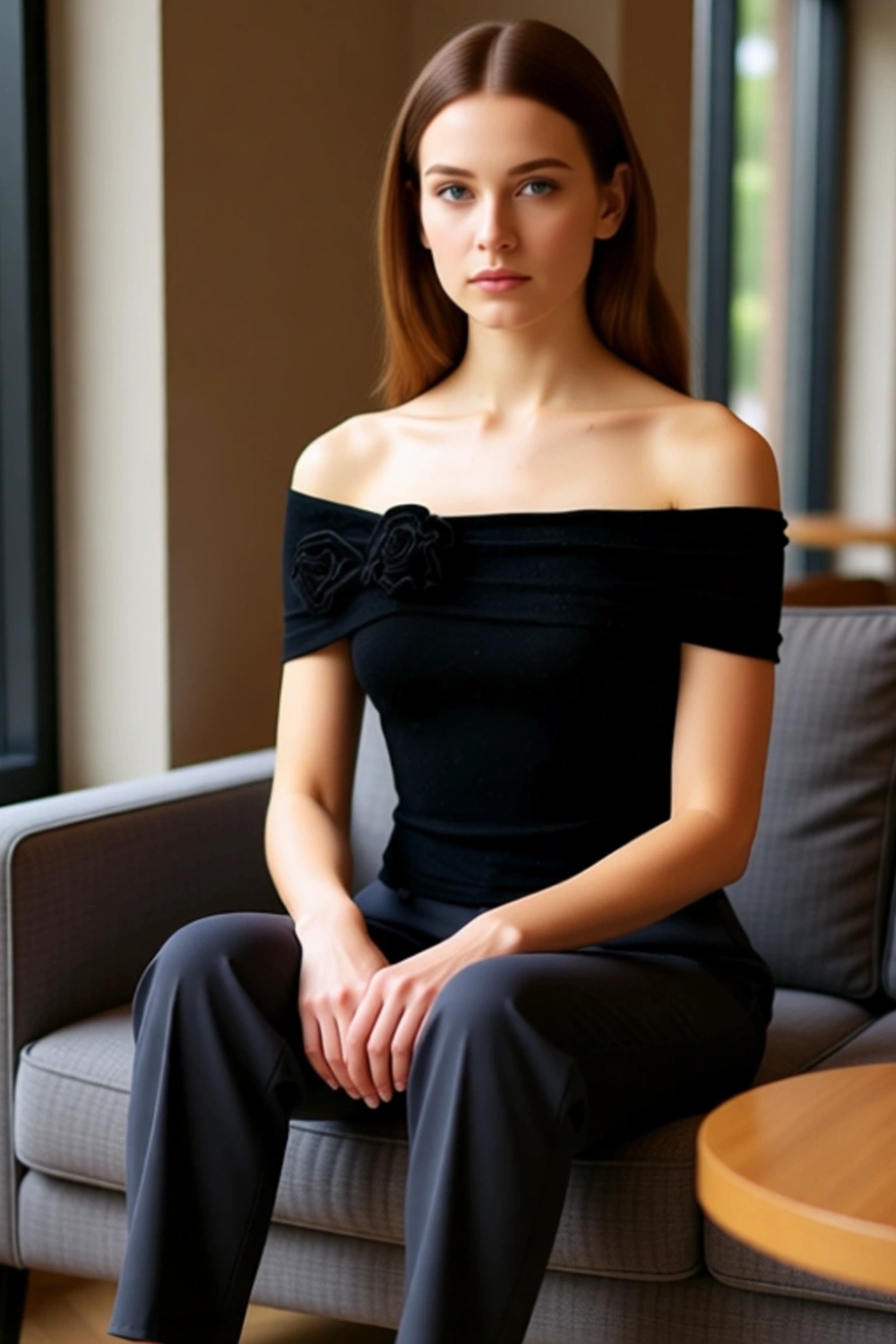 Kadın Off Shoulder Örme Bluz Gül Süslemeli Kaliteli Şık Rahat Modern Zarif Günlük