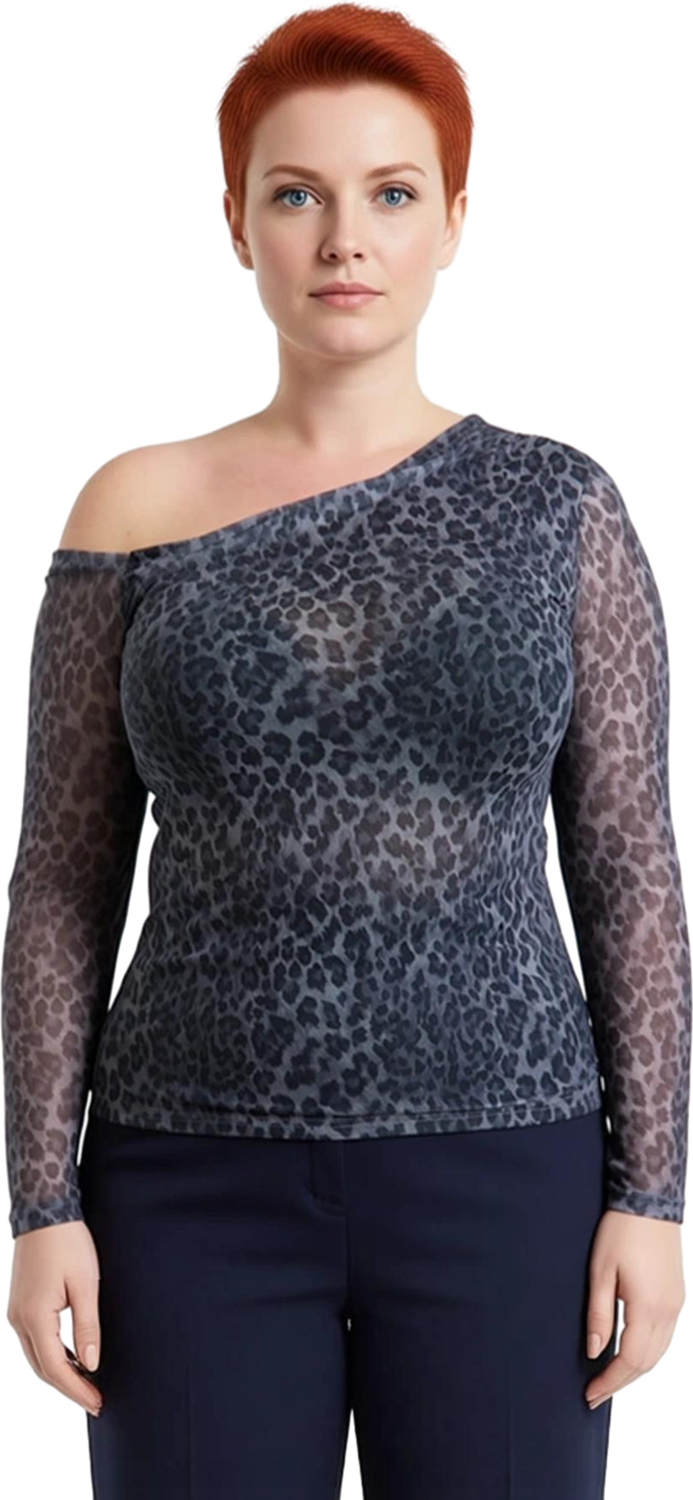 Moda Büyük Beden Asimetrik Yaka Örme Slim Baskılı Desen Casual Günlük Regular Uzun Kol Bluz