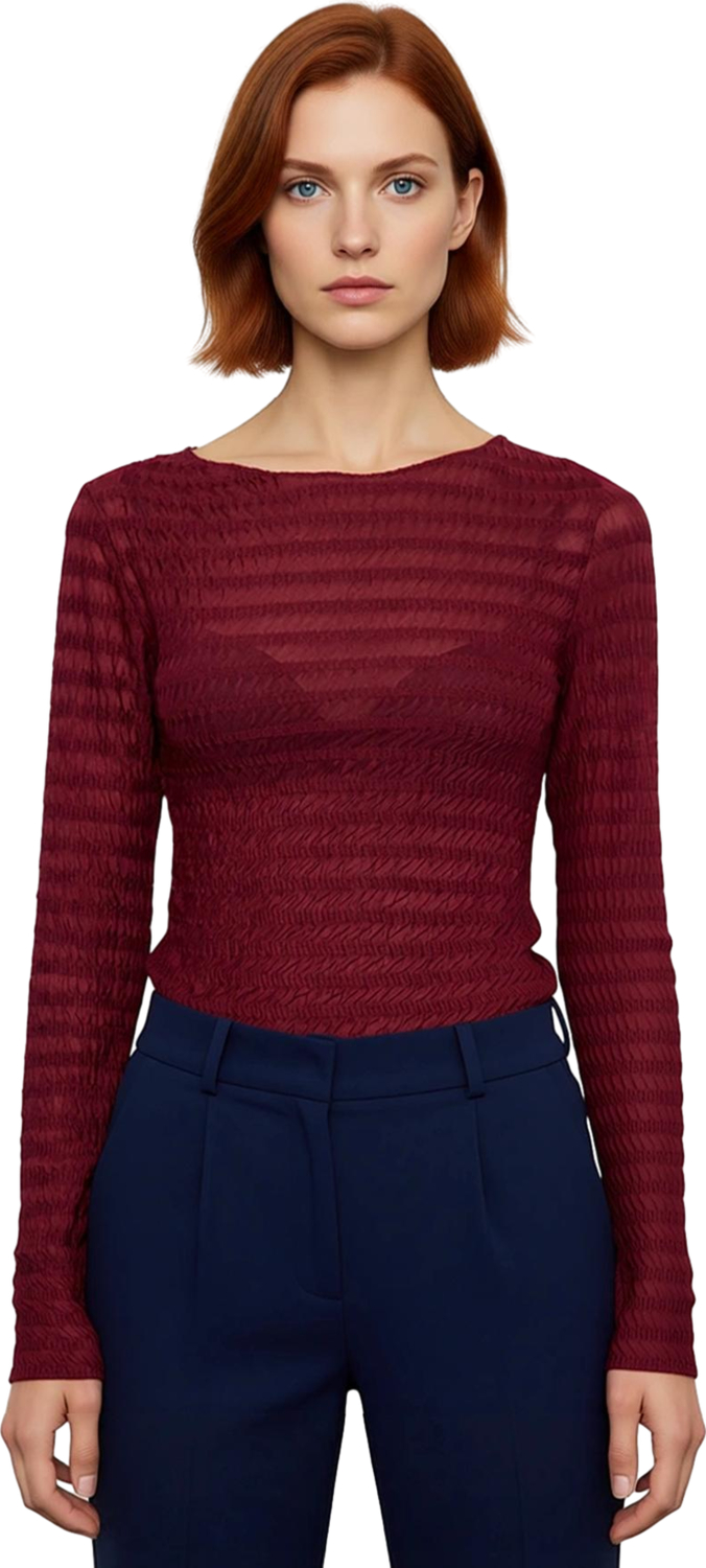Stil Kadın Fitted Vücuda Oturan Dokulu Tül Esnek Bluz Regular Örme Slim Kalıp