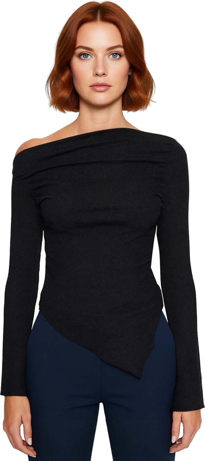 Moda Kayık Yaka Örme Slim Düz Desen Casual Günlük Uzun Uzun Kol Bluz