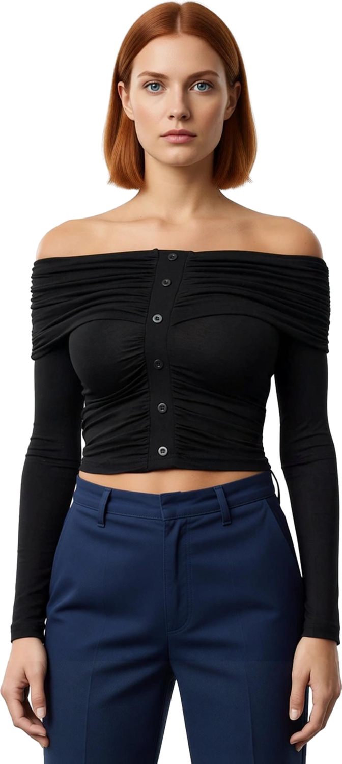 Kadın Off Shoulder Büzgülü Düğmeli Uzun Kollu Crop Üst Kaliteli Şık Rahat Modern Zarif Günlük