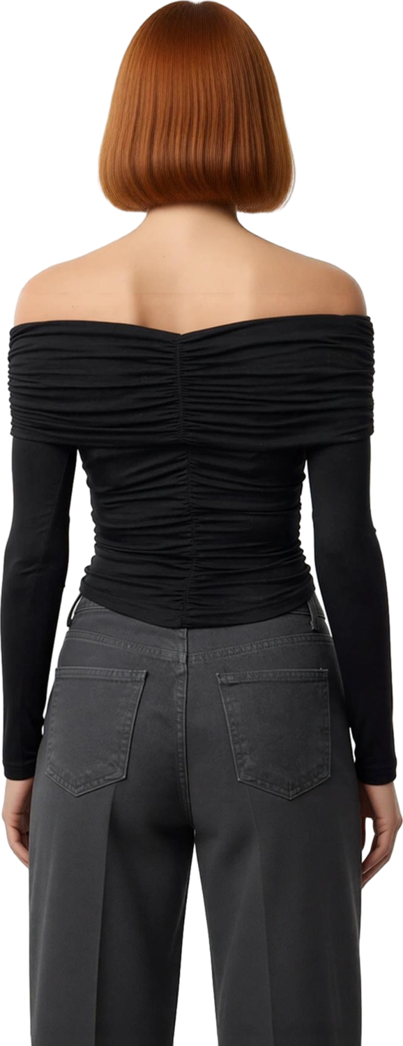 Kadın Off Shoulder Büzgülü Düğmeli Uzun Kollu Crop Üst Kaliteli Şık Rahat Modern Zarif Günlük