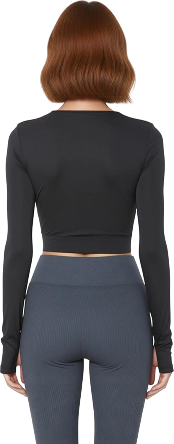 Moda Bisiklet Yaka Örme Fit Düz Desen Sportswear Crop Uzun Kol Bluz