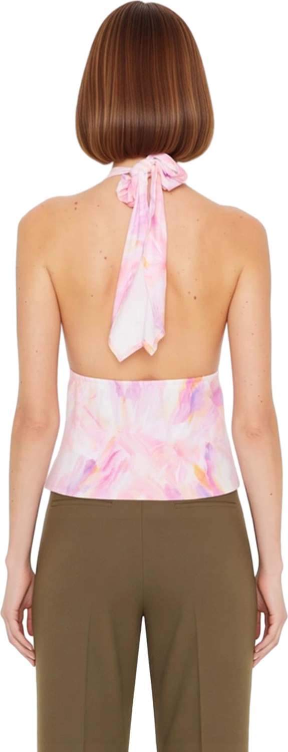 Kadın Kalın Askılı V Yaka Pencere Detaylı Baskılı Crop Bluz Polyester Karışımlı Örme Kumaş Yazlık