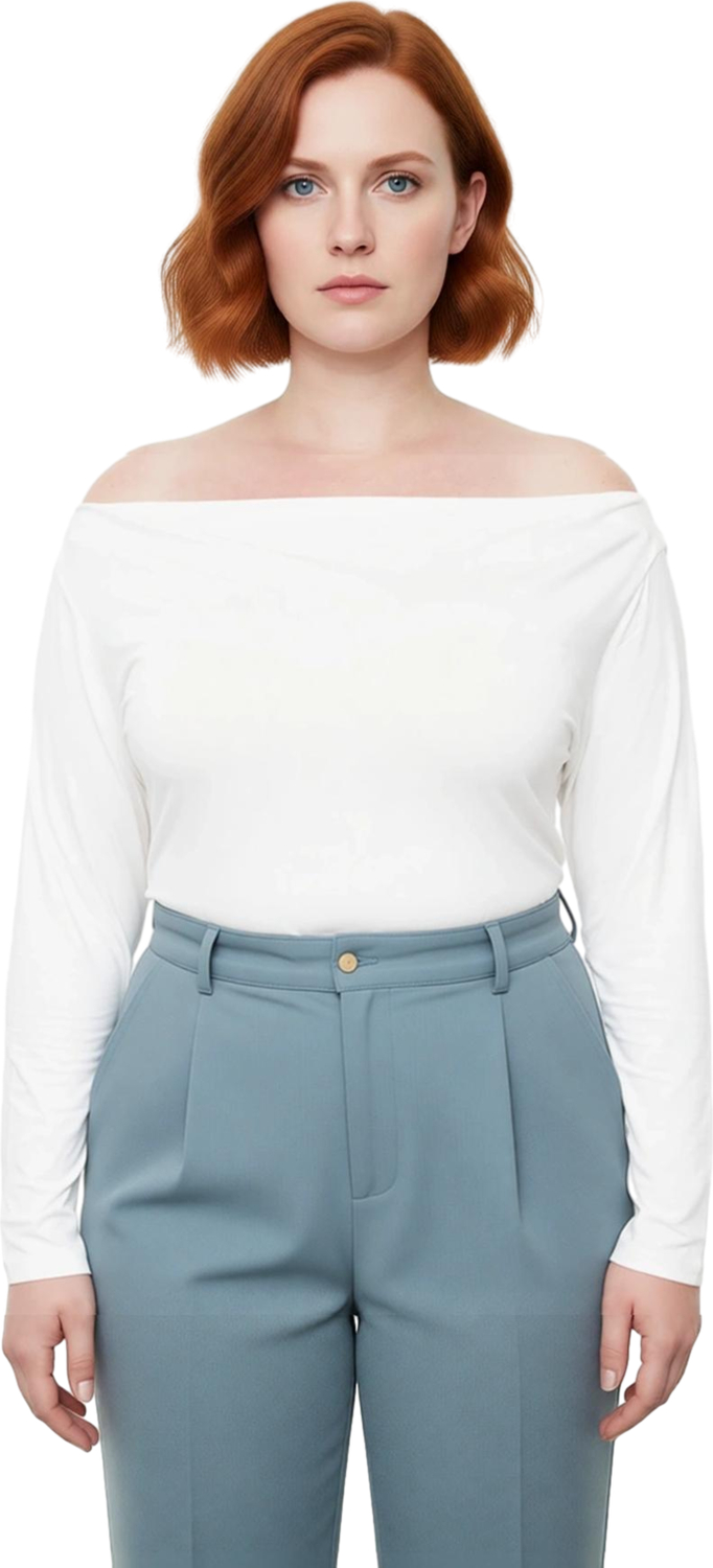 Moda Büyük Beden Carmen Yaka Örme Fit Düz Desen Casual Günlük Regular Uzun Kol Bluz