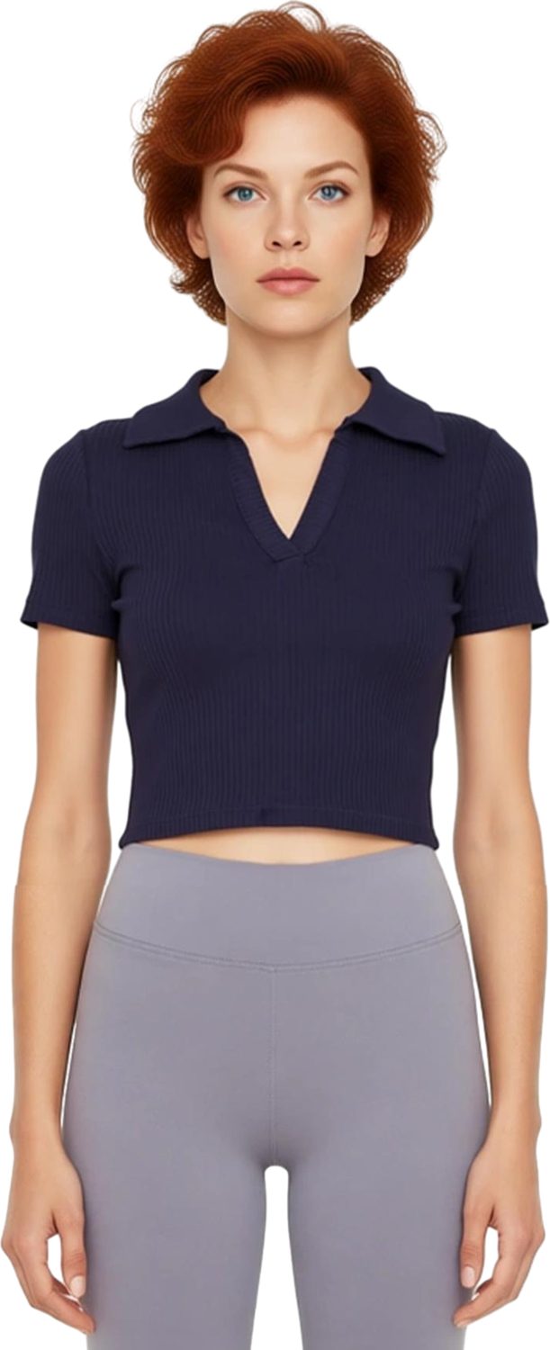 Kadın Esnek Örme Polo Yaka Crop Bluz Vücut Hatlarına Uyan Fitted Kesim Günlük Casual Kombinler İçin