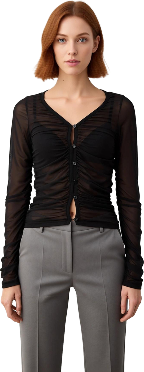 Kadın V Yaka Düğmeli Drape Detaylı Fitted Örme Bluz Kaliteli Şık Rahat Modern Zarif Günlük