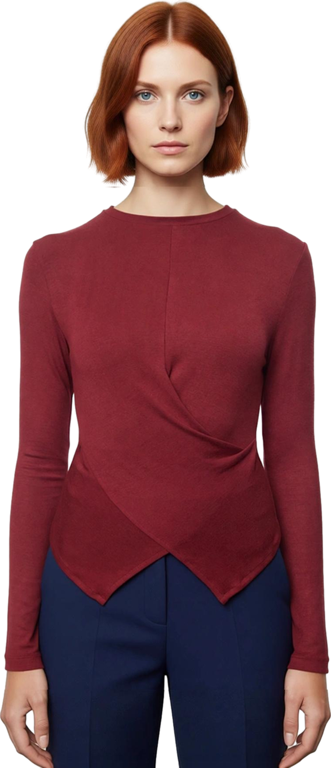 Stil Kadın Kruvaze Büzgü Drape Detaylı Vücuda Oturan Bluz Regular Örme Slim Kalıp Düşük Kol