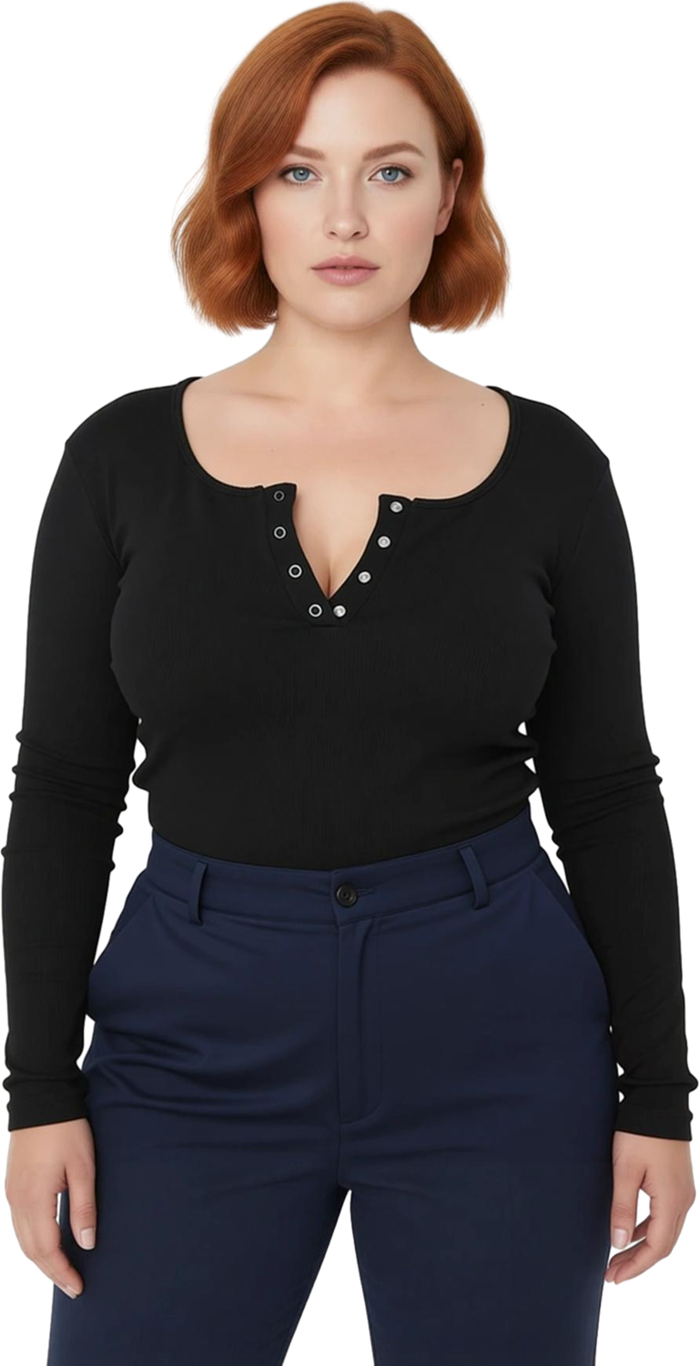 Kadın Vücuda Oturan Havuz Yaka Uzun Kollu Örme Crop Bluz Büyük Beden Casual Cool Konfor