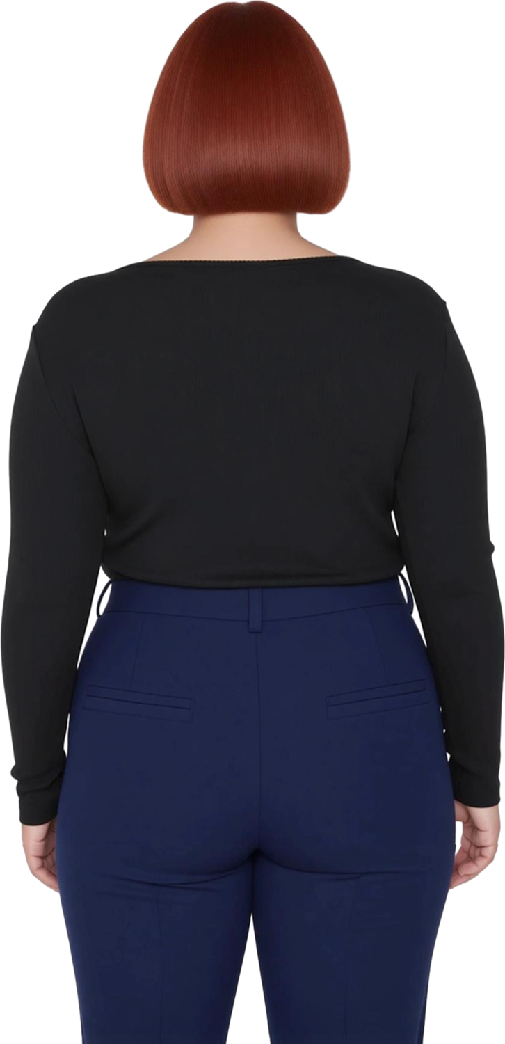 Kadın Vücuda Oturan Havuz Yaka Uzun Kollu Örme Crop Bluz Büyük Beden Casual Cool Konfor