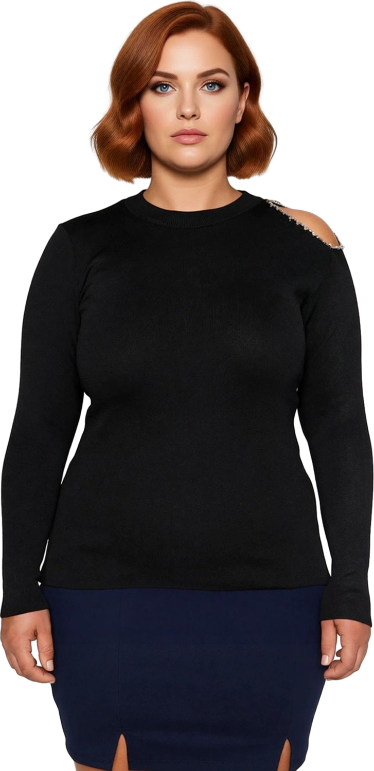 Kadın Büyük Beden Polyester Triko Bluz Dik Yaka Taşlı Detaylı Uzun Kollu Bodycon Şık Gece
