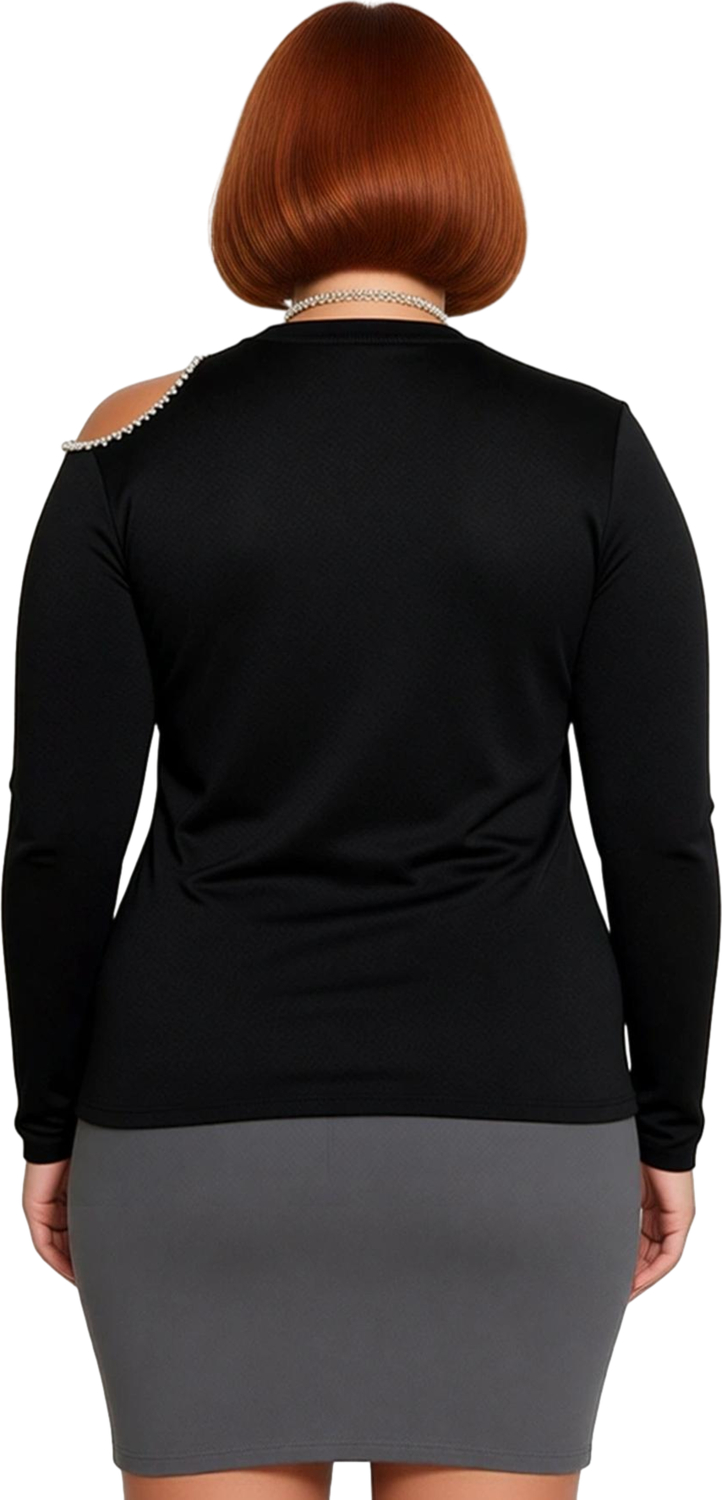 Kadın Büyük Beden Polyester Triko Bluz Dik Yaka Taşlı Detaylı Uzun Kollu Bodycon Şık Gece