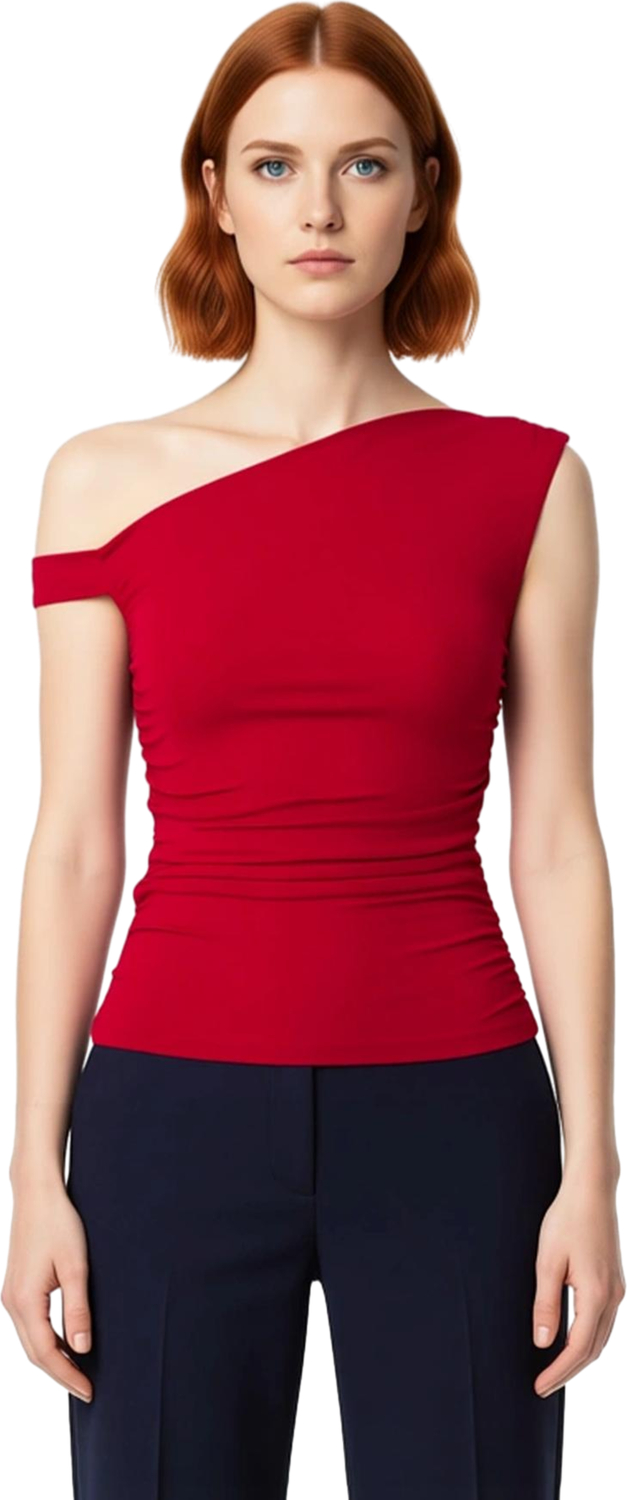 Kadın Yazlık Bluz Fitted Asimetrik Yaka Düşük Kol Dokuma Sandy Polyester Elastan Karışımı