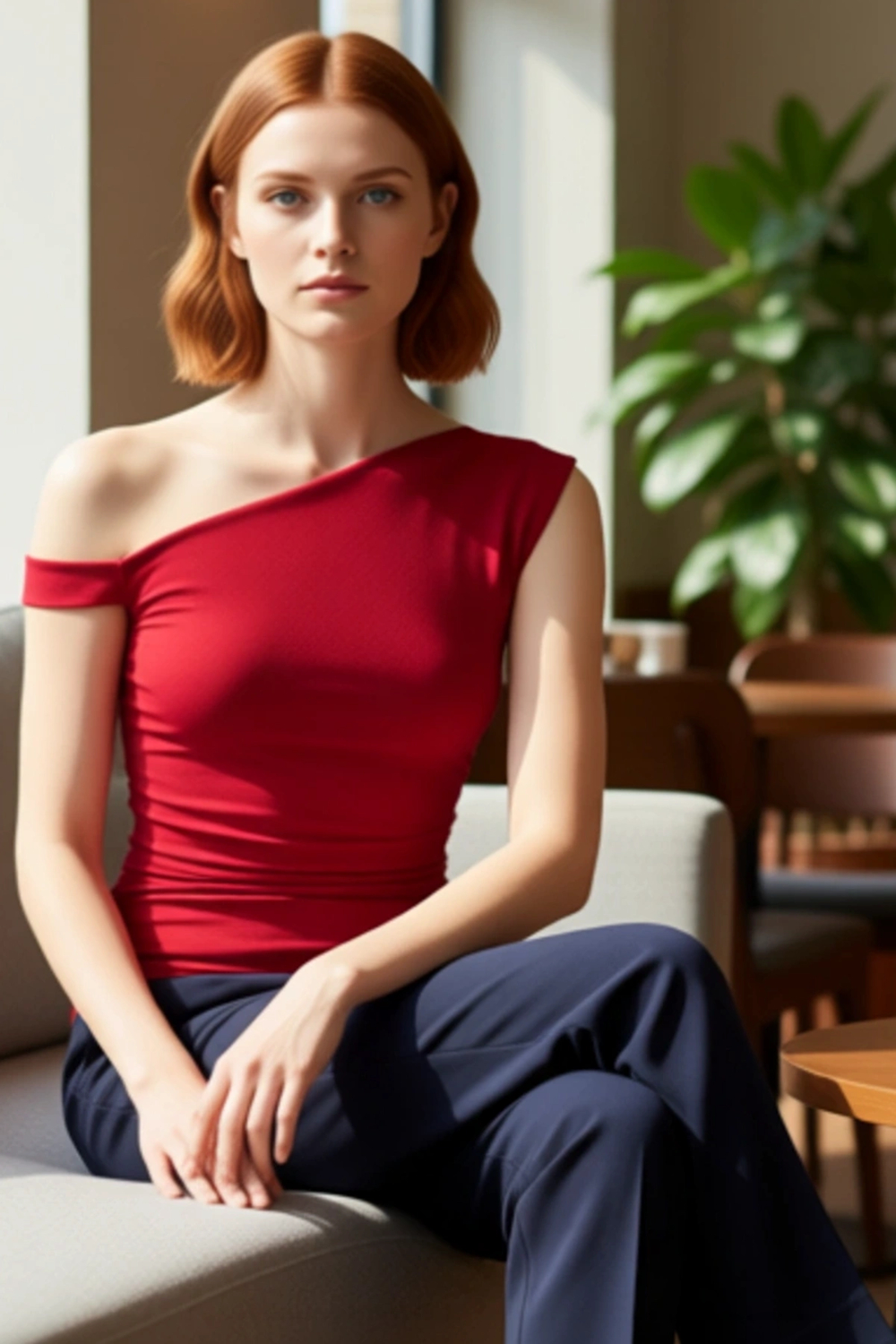 Kadın Yazlık Bluz Fitted Asimetrik Yaka Düşük Kol Dokuma Sandy Polyester Elastan Karışımı