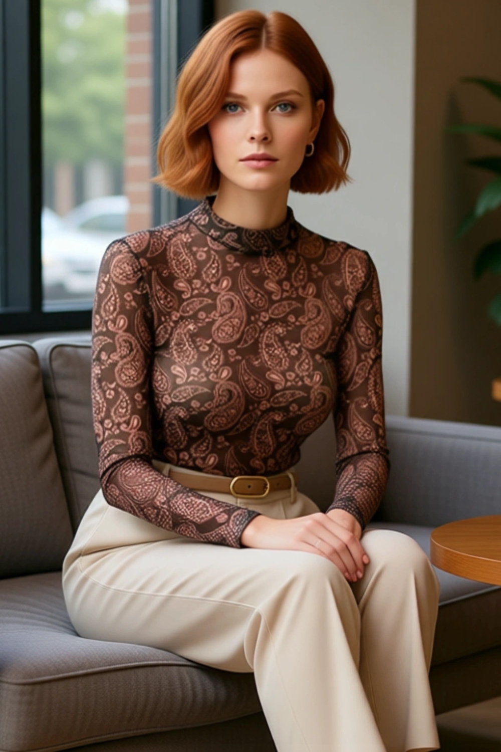 Moda Dik Yaka Örme Slim Şal Desen Desen Casual Günlük Regular Uzun Kol Bluz