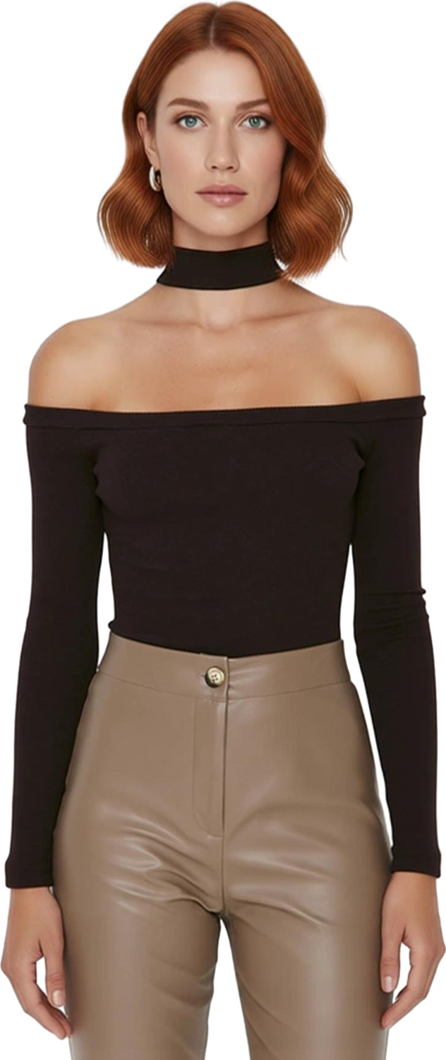 Stil Kadın Carmen Yaka Choker Detaylı Fitted Vücuda Oturan Fitilli Bluz Crop Örme Slim Kalıp