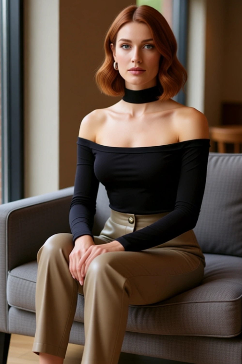 Stil Kadın Carmen Yaka Choker Detaylı Fitted Vücuda Oturan Fitilli Bluz Crop Örme Slim Kalıp