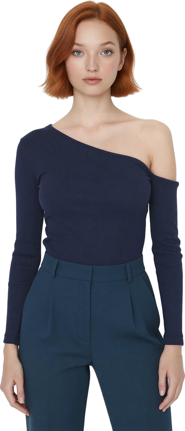 Kadın Bordo Fitted Vücuda Oturan Asimetrik Yaka Düşük Kol Örme Bluz Uzun Kollu Crop Kesim Rahat
