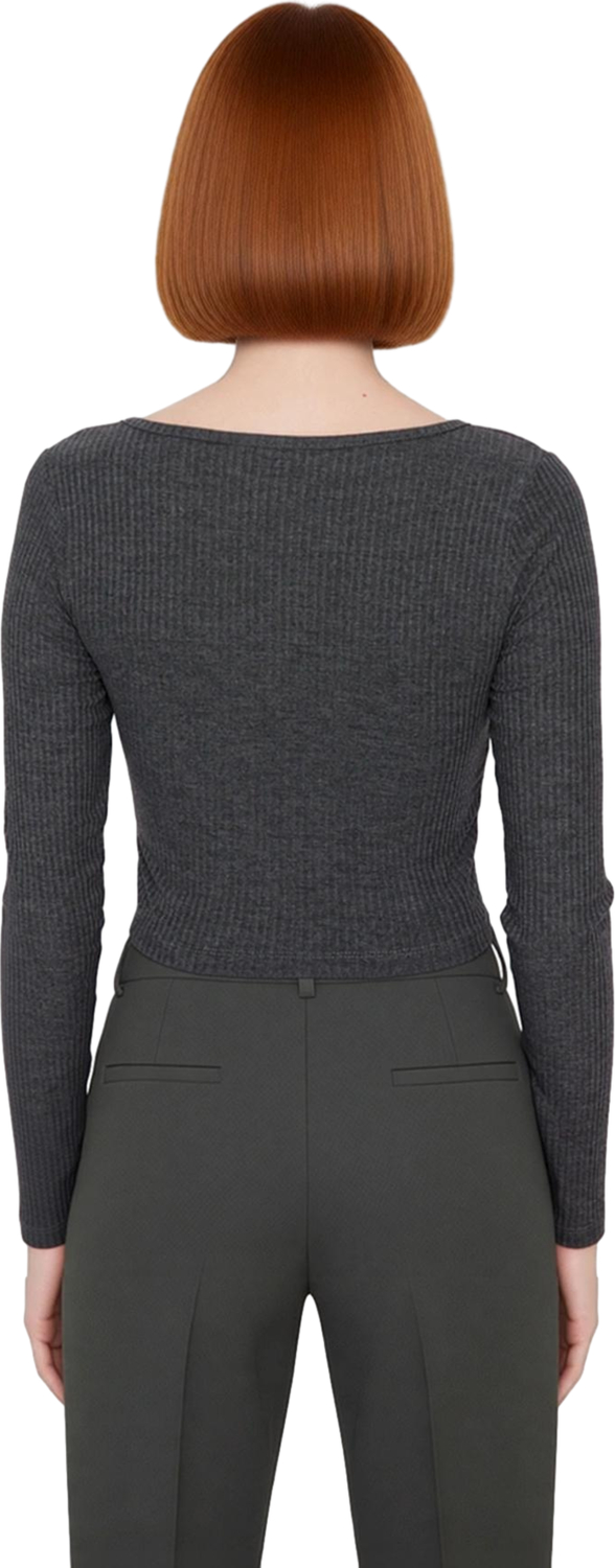 Stil Kadın Düğme Detaylı Fitted Vücuda Oturan Fitilli Esnek Bluz Crop Örme Slim Kalıp