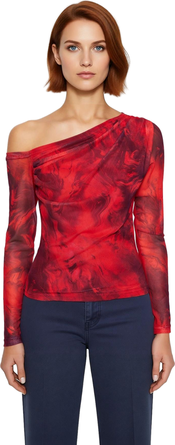 Moda Asimetrik Yaka Örme Slim Çiçekli Desen Casual Günlük Regular Uzun Kol Bluz