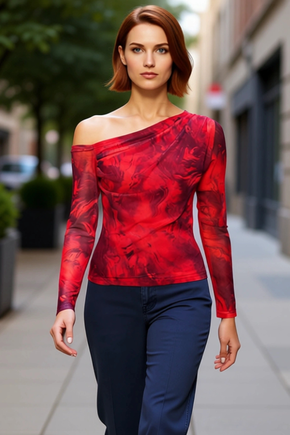 Moda Asimetrik Yaka Örme Slim Çiçekli Desen Casual Günlük Regular Uzun Kol Bluz