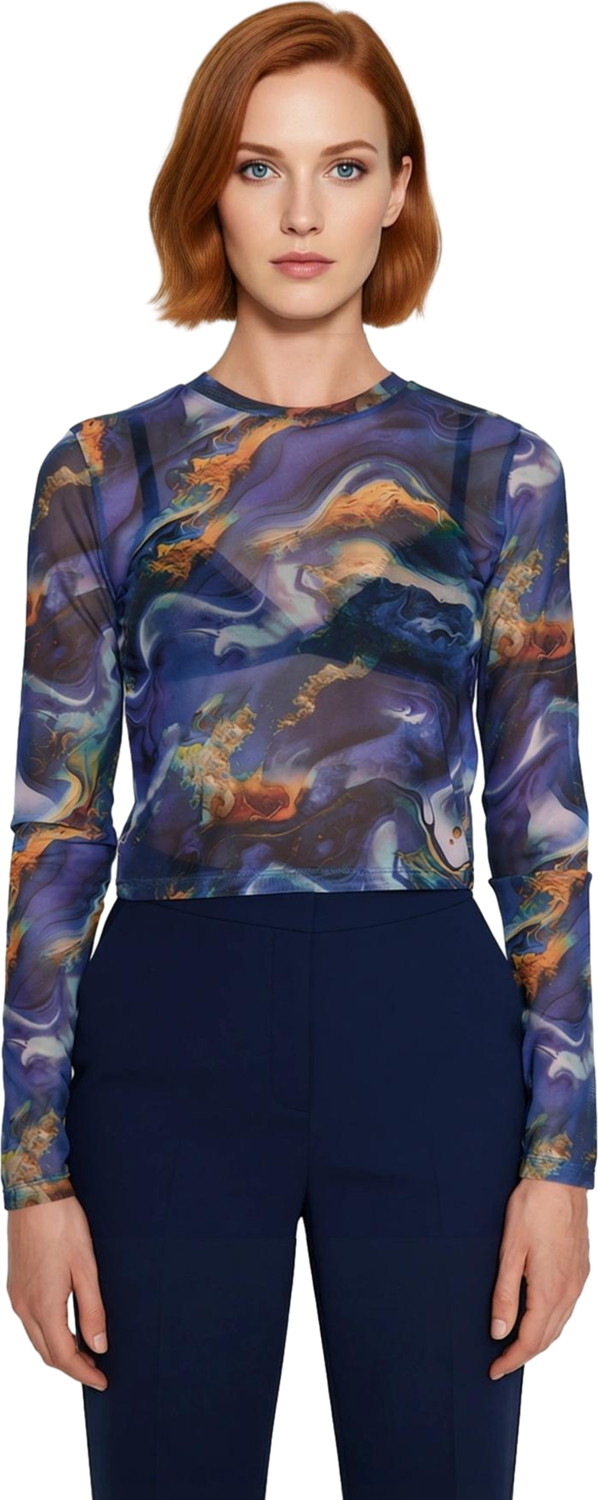 Stil Kadın Baskılı Tül Fitted Vücuda Oturan Esnek Bluz Crop Örme Slim Kalıp
