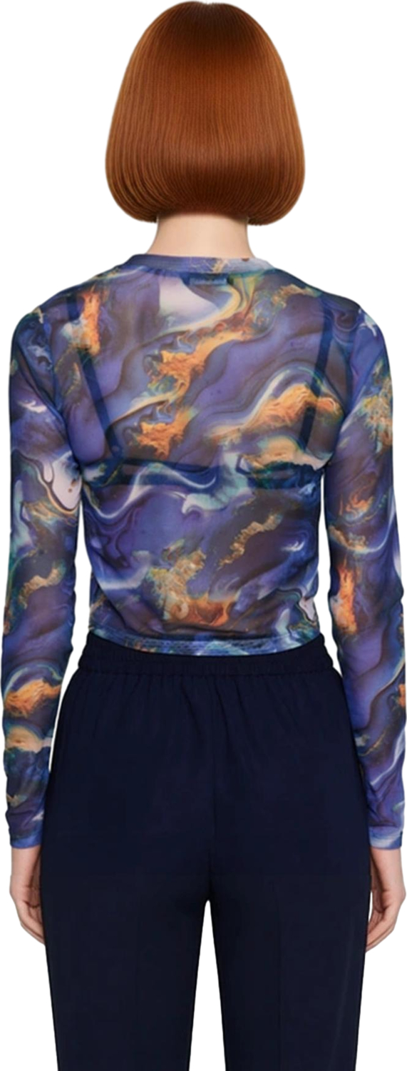 Stil Kadın Baskılı Tül Fitted Vücuda Oturan Esnek Bluz Crop Örme Slim Kalıp