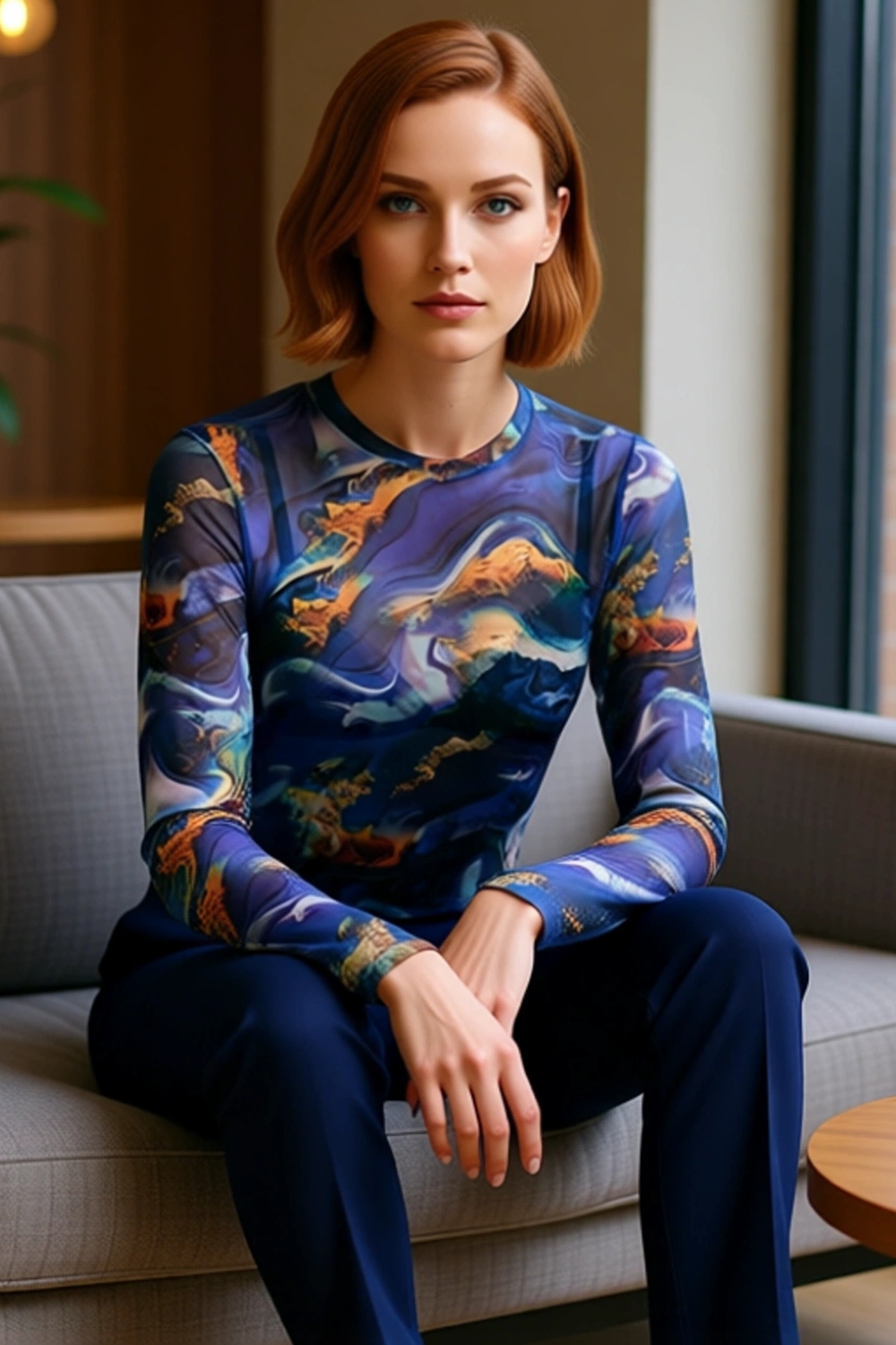 Stil Kadın Baskılı Tül Fitted Vücuda Oturan Esnek Bluz Crop Örme Slim Kalıp