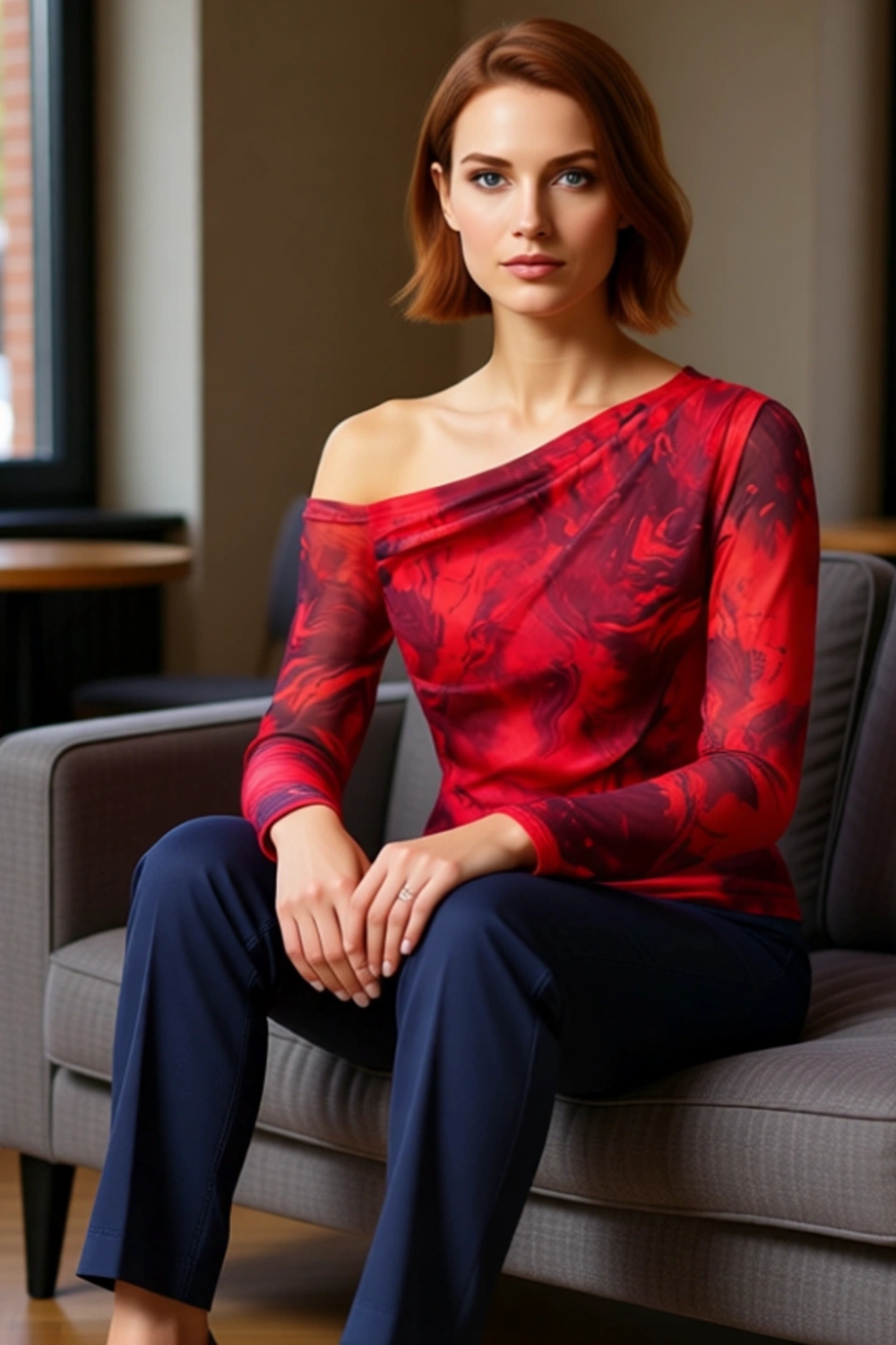 Moda Asimetrik Yaka Örme Slim Çiçekli Desen Casual Günlük Regular Uzun Kol Bluz