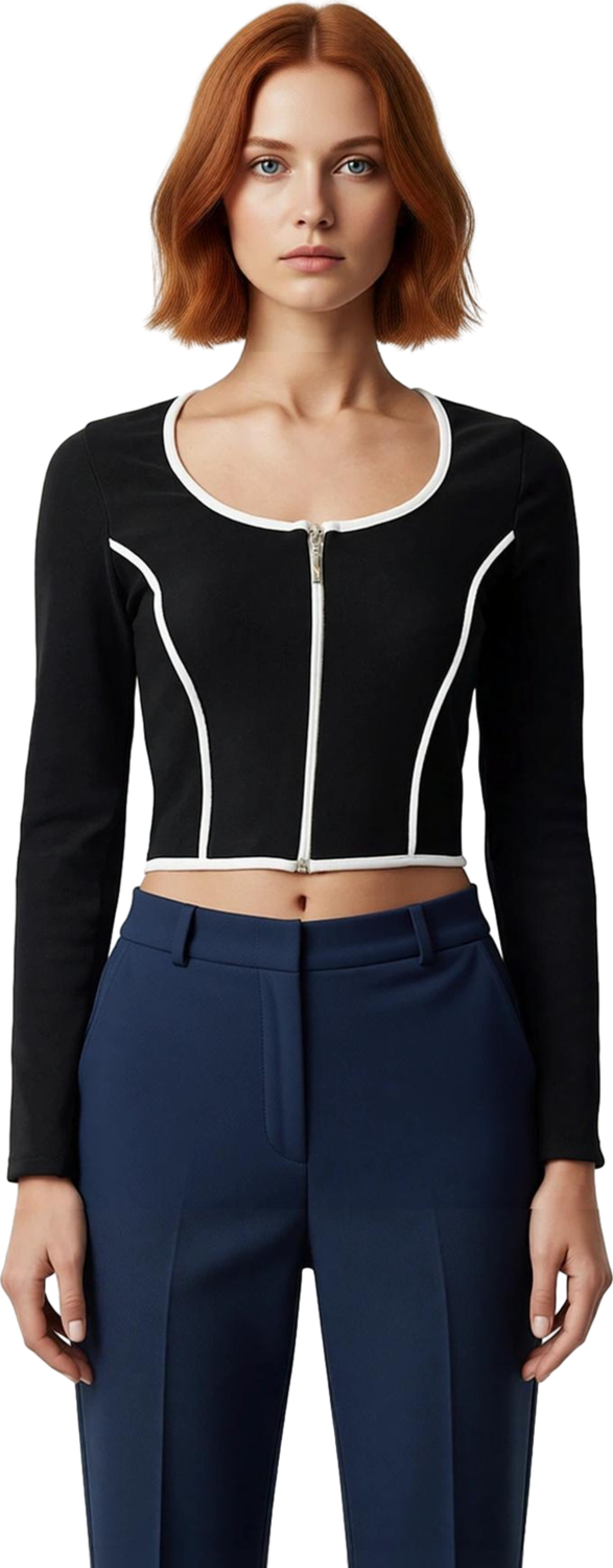 Stil Kadın Kontrast Biye Detaylı Fitted Vücuda Oturan Esnek Bluz Standart Örme Regular Kalıp